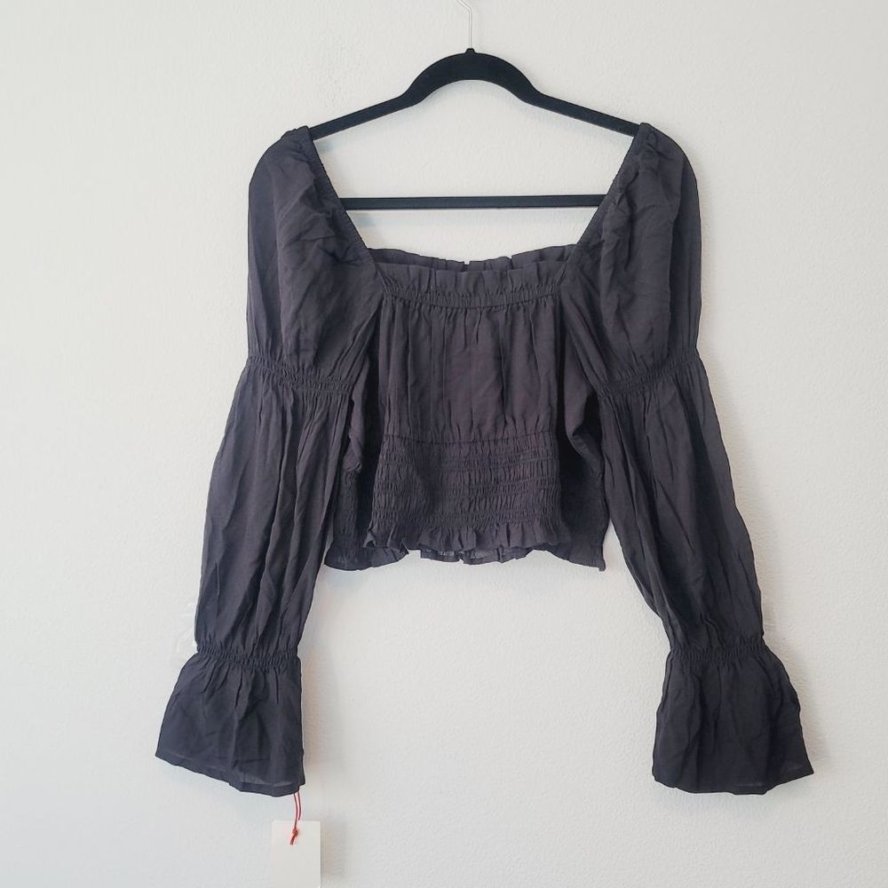 Open Edit Black Ruched Long Sleeve Top Blouse